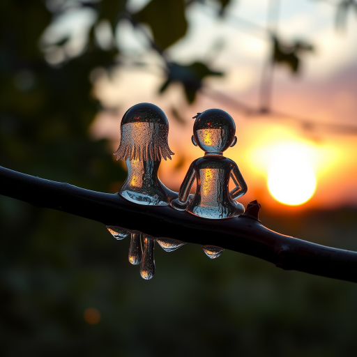 A high-quality conceptual HDR macro hyper-realistic photograph of a tree branch with a couple of transparent water drops in the shape of a female and a male chibi-style figure. The figures have a soft, wet, bubbly wet and bioluminescent texture. They are sitting on the branch and contemplating a beautiful sunset in the distance.