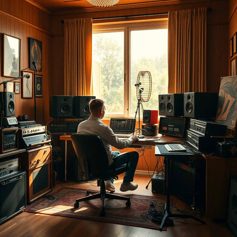 Create an image of a person sitting at a vintage music studio desk surrounded by various audio equipment, with warm natural light coming through a large window, using a Canon EOS R5 with a 50mm lens, aperture set to f/1.8, ISO 100, with a shallow depth of field for a soft background blur.