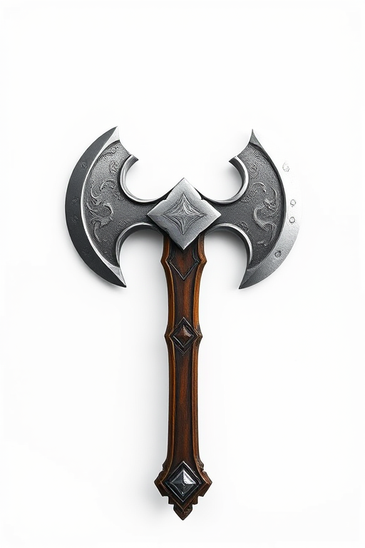 High-resolution image of a fantasy double-headed axe on a plain white background, shot with a Canon EOS R5 at f/2.8, ISO 100, 1/125 sec, in a top-down view using a macro lens for detailed texture capture.