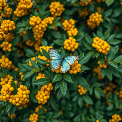 Create an image of a lush green bush filled with vibrant yellow berries. In the center, a delicate butterfly with light blue wings rests on the leaves. The background should be softly blurred to enhance the focus on the butterfly and the bright yellow berries.