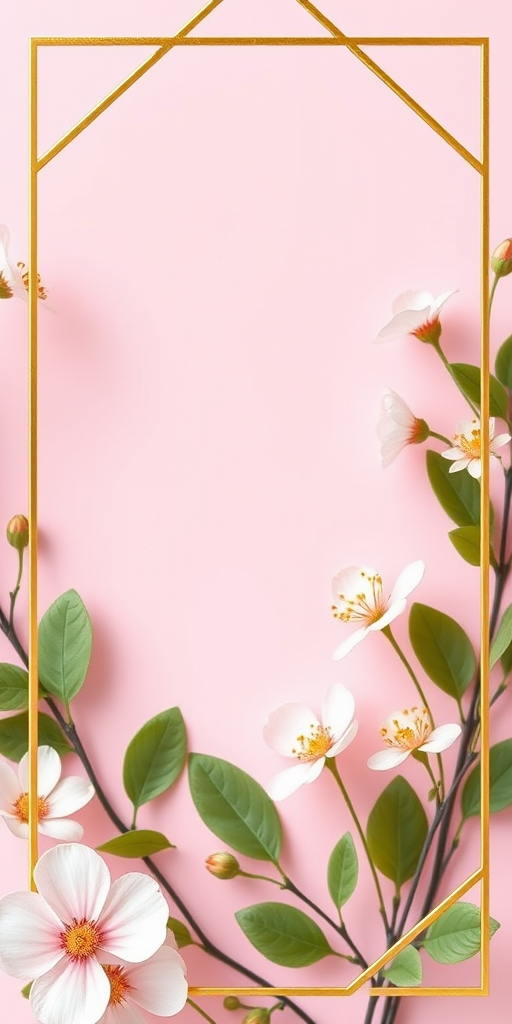 Create a floral border design with soft pink background and golden geometric frame, focusing on delicate flowers and leaves, using a DSLR camera with macro lens, f/2.8 aperture, 50mm focal length, and natural lighting for enhanced image quality.