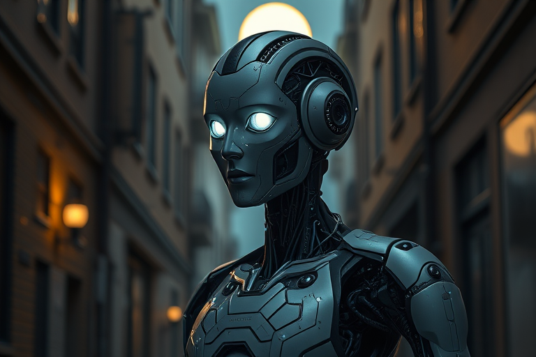 Regenerate an image of a futuristic humanoid robot with intricate circuit designs on its face and body, glowing eyes, standing in a dimly lit urban alley with a full moon in the background, using a Canon EOS R5 with a 50mm lens, aperture set to f/1.8, ISO 100, and a shutter speed of 1/200s for a sharp focus and vibrant colors.