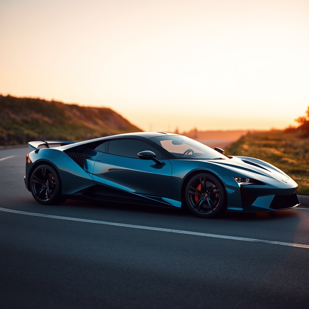 Generate an image of a luxury sports car parked on the side of a road during what appears to be dawn or dusk, given the soft light and shadows. The car should have a sleek design with aerodynamic features, a low-profile stance, and large, alloy wheels. It should display a contemporary color scheme, possibly a unique shade of blue that matches well with the ambient light in the setting. The vehicle's bodywork should gleam, reflecting the surrounding environment, and it should have distinctive lighting accents that enhance its sporty appearance. In the background, there should be a roadside with a grassy embankment on one side and possibly some trees or shrubbery along the edge of the pavement. The overall mood of the image should convey a sense of luxury, speed, and the tranquility of an early morning or late evening drive.