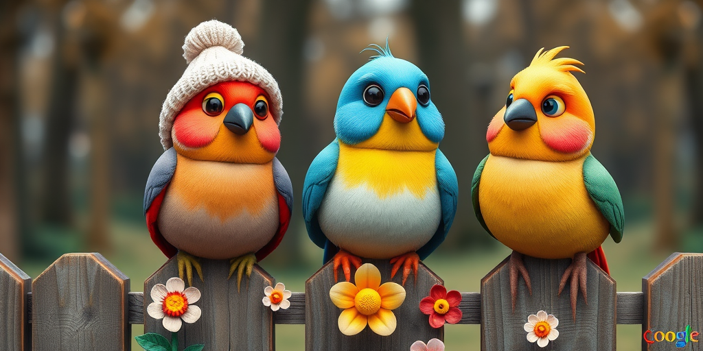 create a scene of 4 quirky  whimsical colourful comical birds each with a funny expression. they are sat on a wooden fence with colourful flowers. they are all different sizes. each one is a different colour  one is wearing a woolly hat. Each one has a different quirky google expression and there is a muted background of trees watercolour paintierly style high definition 8k resolution 3D paper mache