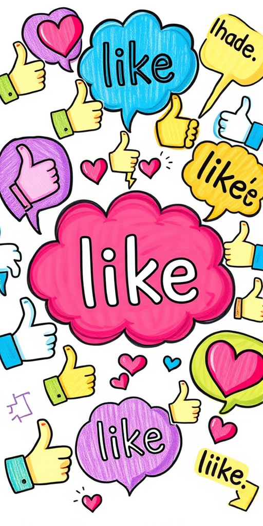 Create an illustration of colorful thought bubbles filled with the words "like" in various sizes, surrounding thumbs up and heart icons, using a digital drawing style, shot with a Canon EOS R6, 50mm lens, aperture f/2.8, ISO 100, soft lighting to enhance vibrancy and clarity.