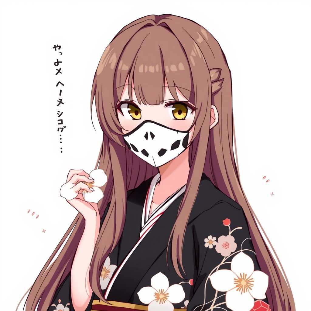 1girl, solo, long hair, looking at viewer, brown hair, brown eyes, yellow eyes, upper body, flower, japanese clothes, kimono, mask, floral print, one eye covered, black kimono, (skull mask)