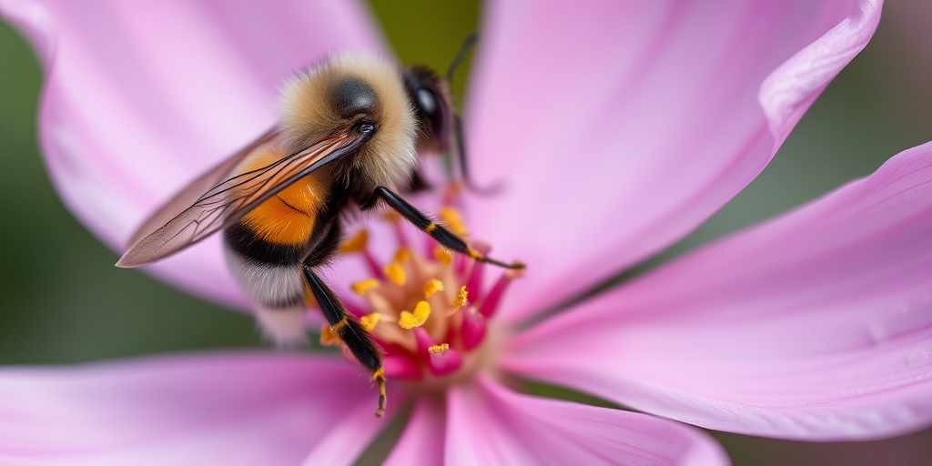 detailed close-up of a bumblebee on a soft pink flower, shallow depth of field, natural light, f-stop 2.8, ISO 100, 85mm macro lens, 1/200 sec shutter speed, soft focus background, vibrant colors