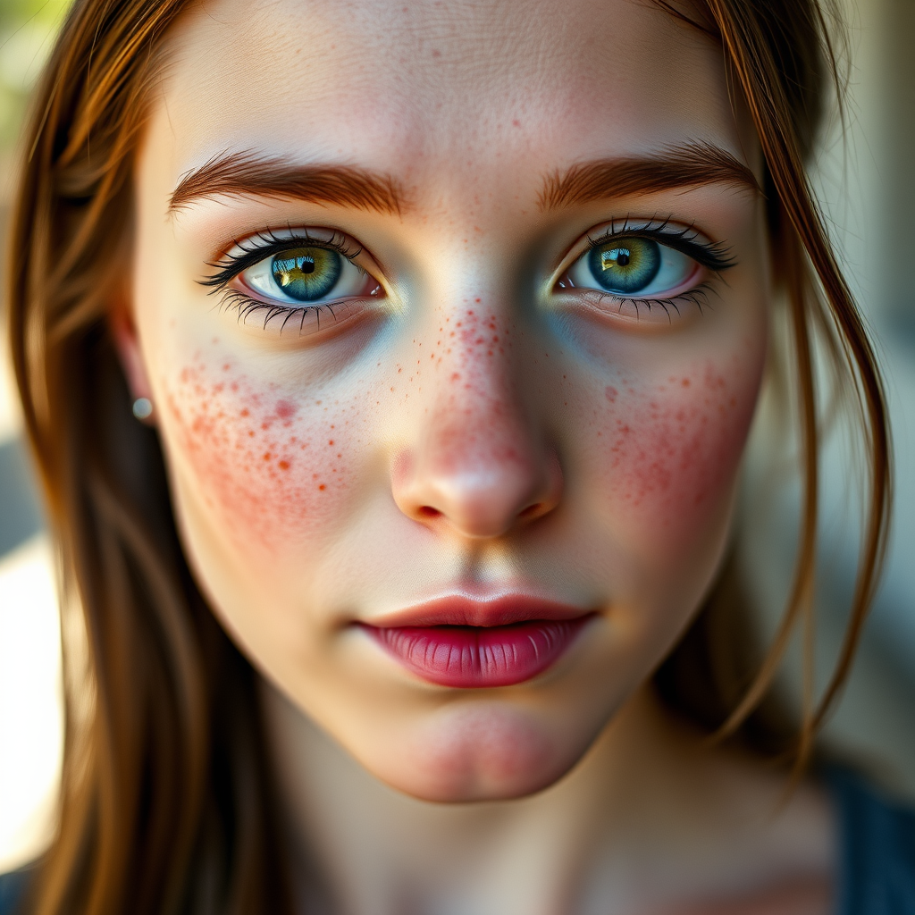 Portrait of a young woman with freckles and green eyes, soft natural lighting, shallow depth of field, aperture f/1.8, ISO 100, 85mm lens, shot from a close-up perspective, using a DSLR camera.