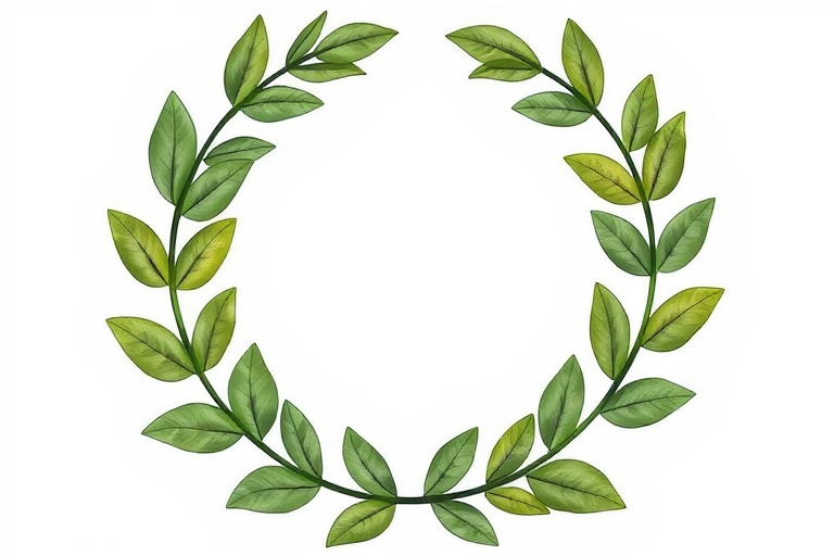 Create a detailed illustration of a laurel wreath with smooth, evenly spaced leaves, using a digital camera with a 50mm lens, aperture set to f/2.8, ISO 100, and natural light to enhance clarity and detail.