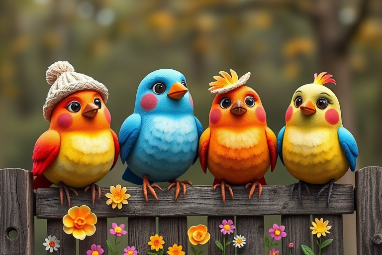 create a scene of 4 quirky  whimsical colourful comical birds each with a funny expression. they are sat on a wooden fence with colourful flowers. they are all different sizes. each one is a different colour  one is wearing a woolly hat. Each one has a different quirky google expression and there is a muted background of trees watercolour paintierly style high definition 8k resolution 3D paper mache