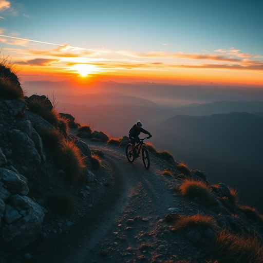 mountain biker racing down a rugged trail at sunset, dynamic angle, high detail, vibrant colors, Canon EOS R5, 24mm f/1.4, ISO 100, shutter speed 1/1000 sec, wide aperture for shallow depth of field, image stabilization enabled