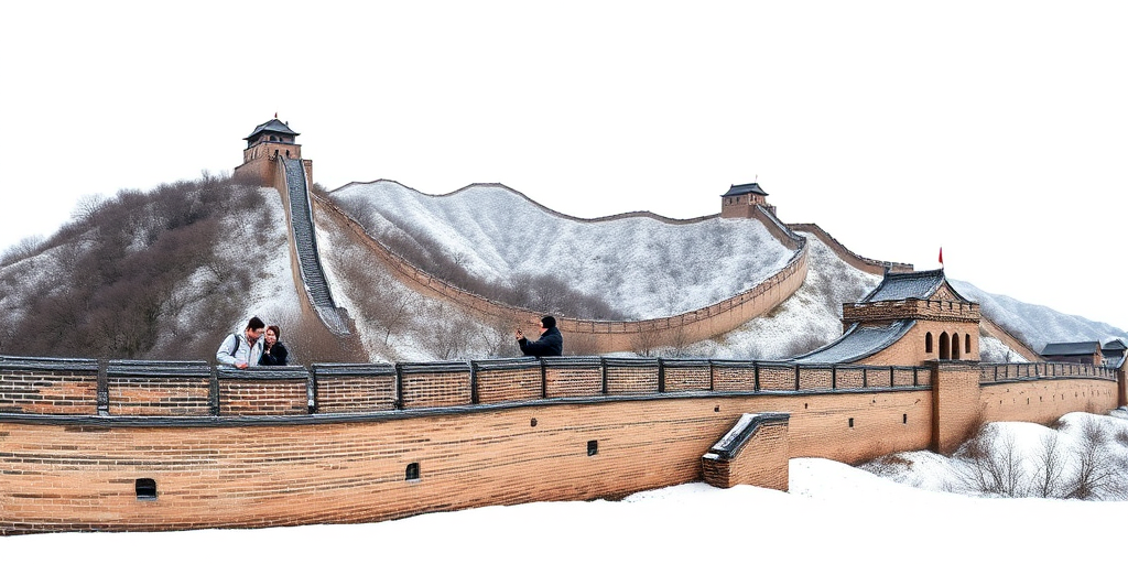 Create a high-resolution image of the Great Wall of China stretching across a white background, captured with a DSLR camera at f/11, ISO 100, and a focal length of 24mm, using a wide-angle lens for a panoramic view.