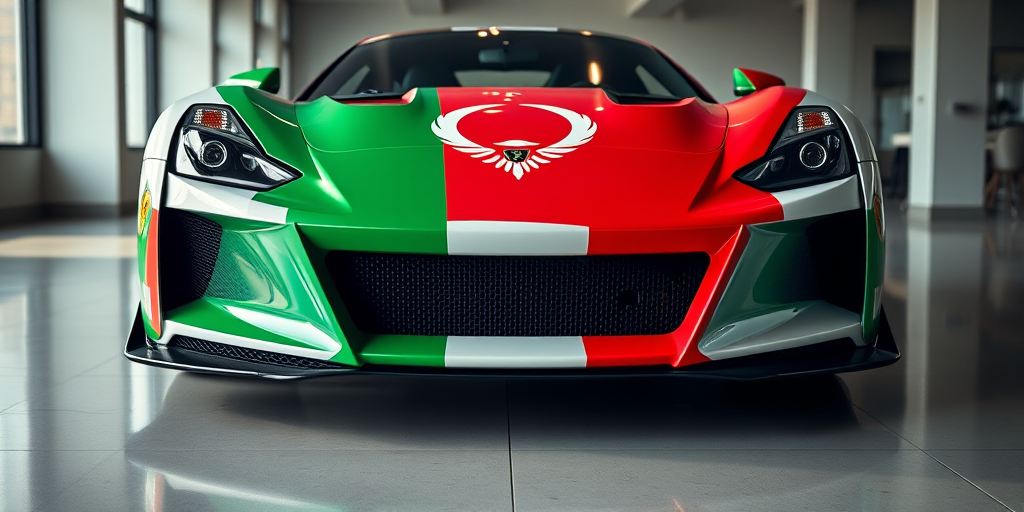Create an image of a sports car with the Tajik flag design and the Italian flag colors, capturing the car from a low front angle, using a DSLR camera with a 24mm lens, aperture set to f/2.8, ISO 100, and a shutter speed of 1/200s, ensuring high dynamic range and vivid colors.