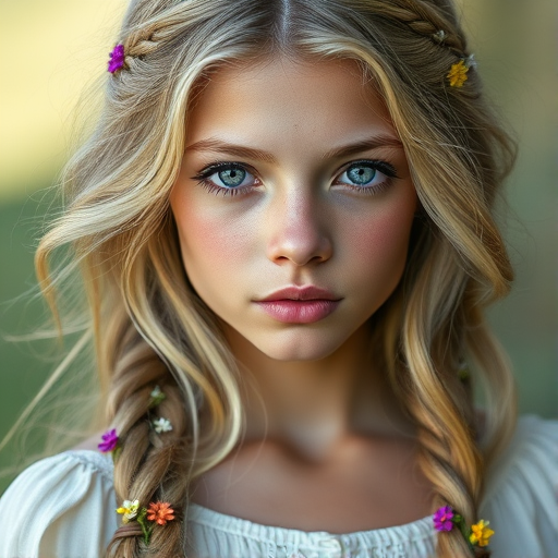 Create an image of a young Guarani woman with long, wavy blonde hair, adorned with small, colorful flowers woven into her braids and loose strands. Her complexion is fair, with soft, glowing skin, and she has light blue eyes that gaze softly at the viewer. She wears a light, flowing dress with a gentle, ethereal quality, complementing her delicate and serene appearance. The background is slightly blurred, drawing focus to her tranquil expression and the intricate details of the flowers in her hair. The overall mood of the image is one of natural beauty and grace, evoking a sense of peacefulness and connection with nature.