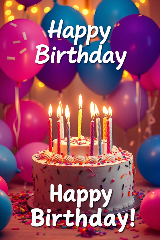 Create an image of a festive birthday celebration featuring a decorated cake with multiple candles lit on top surrounded by colorful balloons in various shades including purple blue and pink scattered confetti and a warm glowing background with a cheerful text saying Happy Birthday