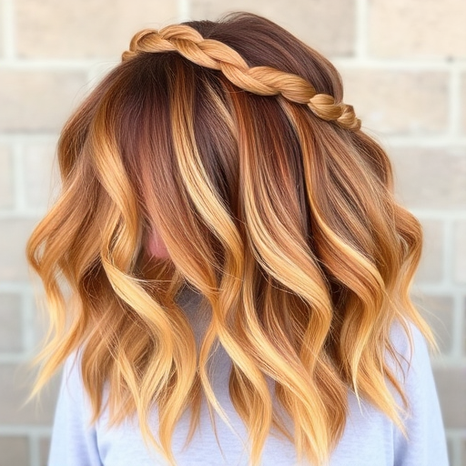 Warm copper penny hues blend into golden honey tones, styled in loose, tousled waves with a braided crown, creating the sun-drenched "Harvest Glow" look