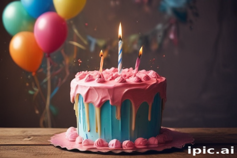Colorful Birthday Cake with Candles Surrounded by Festive Balloons and ...
