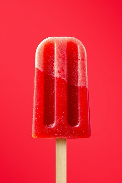 Generate a high-resolution image of a red popsicle with a smooth gradient, captured from a straight-on angle using a DSLR camera at f/2.8 aperture, ISO 100, and 50mm focal length to enhance detail and clarity.
