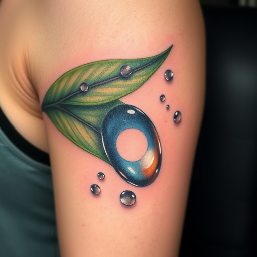 Hyperrealistic tattoo named "Liquid Illusion" depicting a water droplet on a leaf with incredible detail, including light refraction and surrounding dewdrops, creating a trompe l'oeil effect on the skin