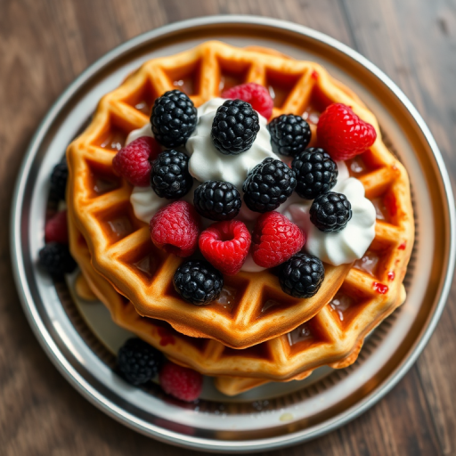 high-quality food photography of waffles on a silver plate, golden brown color, topped with blackberries, raspberries, and whipped cream, shallow depth of field, 50mm lens, f/2.8 aperture, soft natural lighting, DSLR camera, overhead view