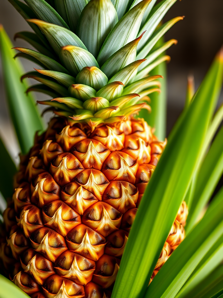 Generate a vibrant and highly detailed illustration of a pineapple with a thick, textured body and lush, spiky green leaves, using a DSLR camera with a 50mm lens, aperture set to f/1.8 for a shallow depth of field, ISO 100, and a soft natural light to enhance colors and contrast.