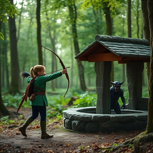 Create an image of a forest scene with a stone well and a character in a green outfit drawing a bow, aiming at a fantastical creature emerging from the well, with soft natural lighting, a 50mm lens, f/2.8 aperture, ISO 100, and a shallow depth of field for enhanced focus on the character and creature.