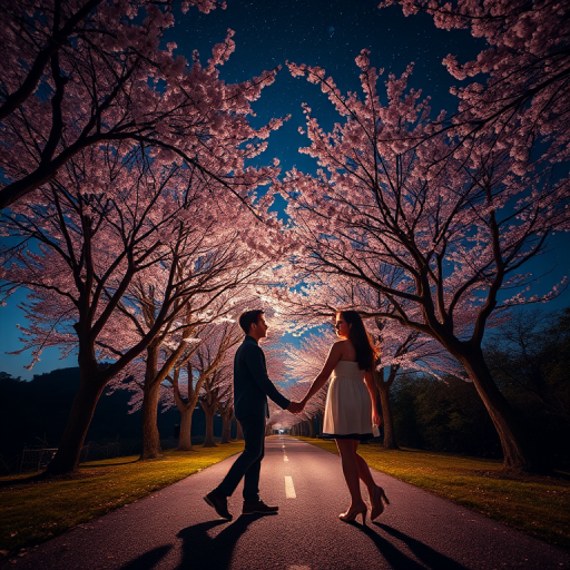 Generate a beautiful scene of two people holding hands under cherry blossom trees at night, with a starry sky above, using a DSLR camera, 50mm lens, f/1.8 aperture, ISO 200, and a wide-angle view.