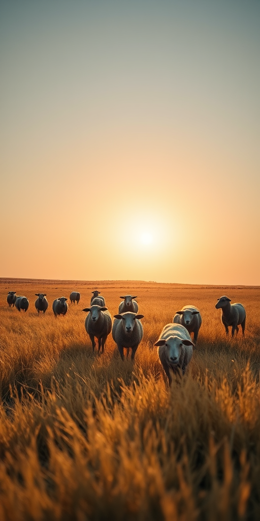 Capture a serene landscape of sheep grazing in a golden grassy field under a clear sky with the sun setting in the background, shot with a Canon EOS R5, 24mm lens at f/8, ISO 100, 1/200s, wide-angle view, natural lighting, focus on depth of field for a soft background blur.