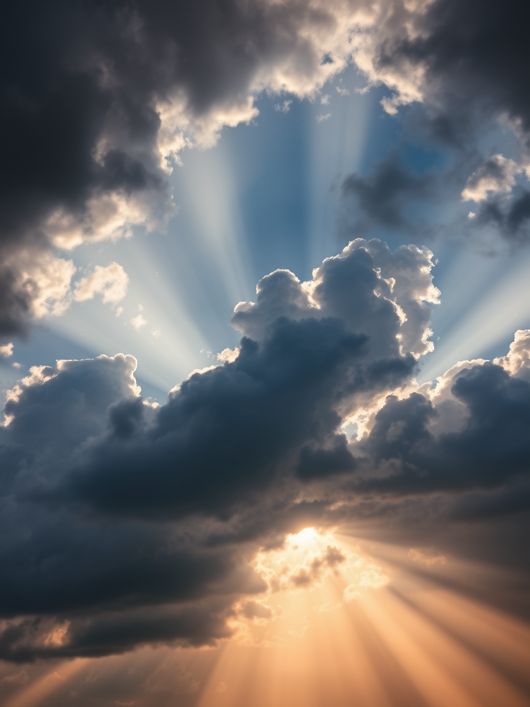 High-resolution image of a dramatic sky with sunlight streaming through dark clouds, captured with a Canon EOS 5D Mark IV, aperture f/11, shutter speed 1/125s, ISO 100, wide-angle lens, and a low angle view to emphasize the clouds and rays of light.