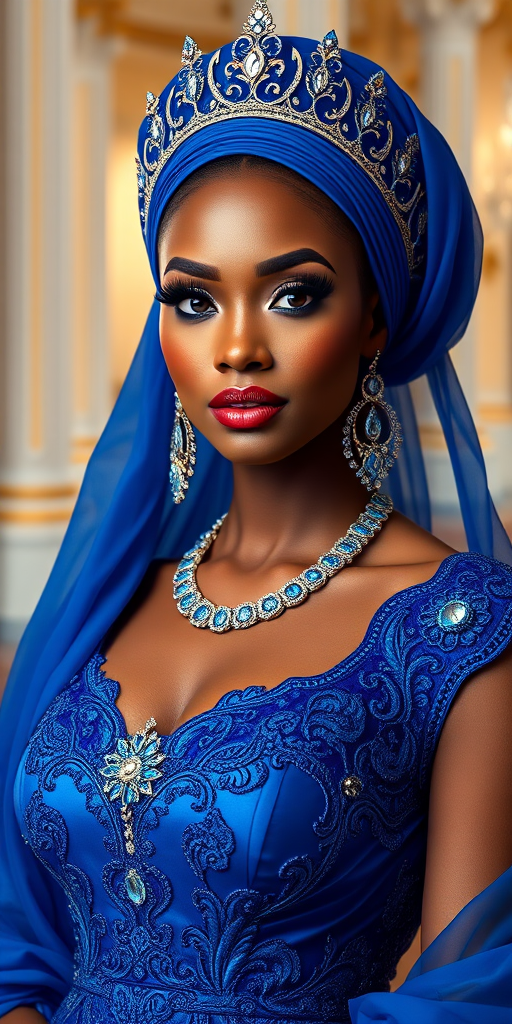 A gorgeous Hausa woman in a luxurious blue gown, accessorized with a dazzling tiara and statement earrings, her deep blue eyes highlighted by impeccable makeup, poised in a royal setting, photorealistic, 8K quality
