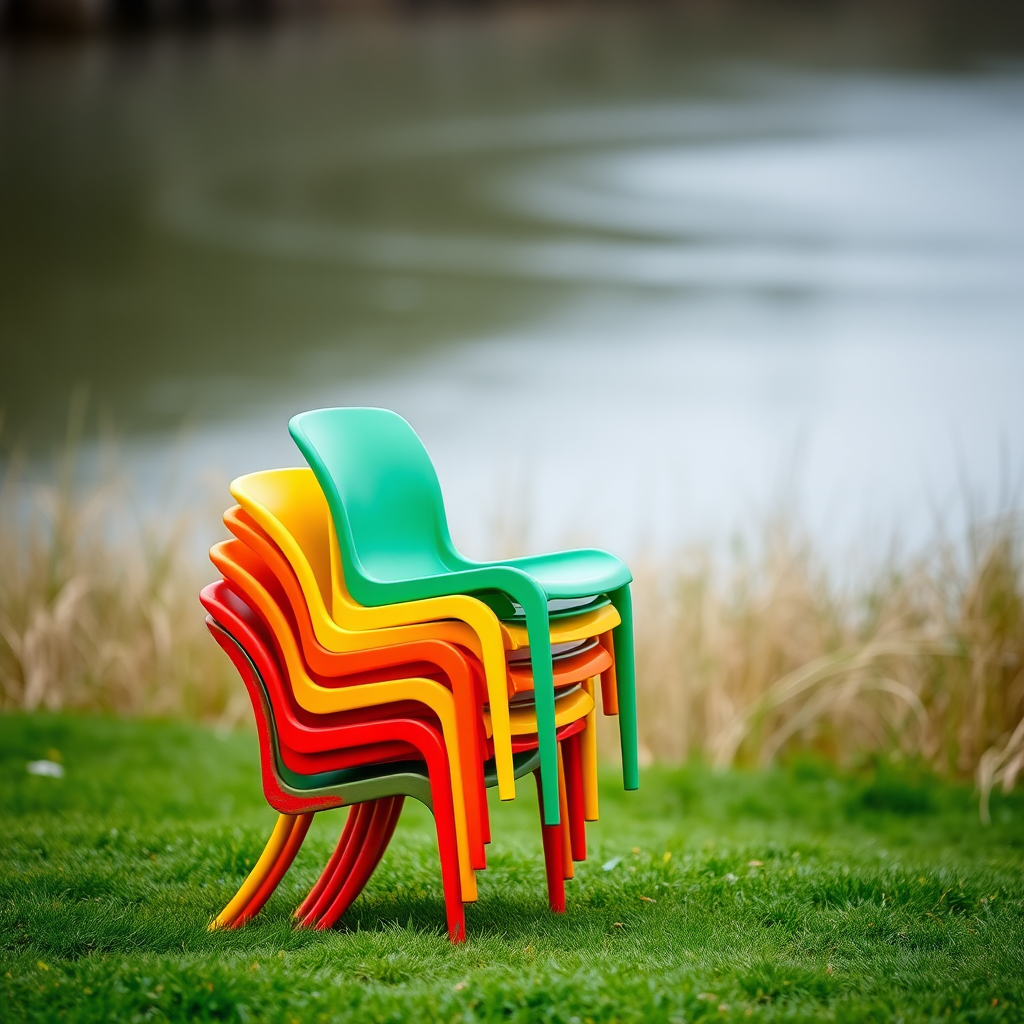 colorful stacked chairs in vibrant red, yellow, green against a blurred background of grass and water, shallow depth of field, 50mm lens, f/2.8 aperture, ISO 100, natural lighting, DSLR camera