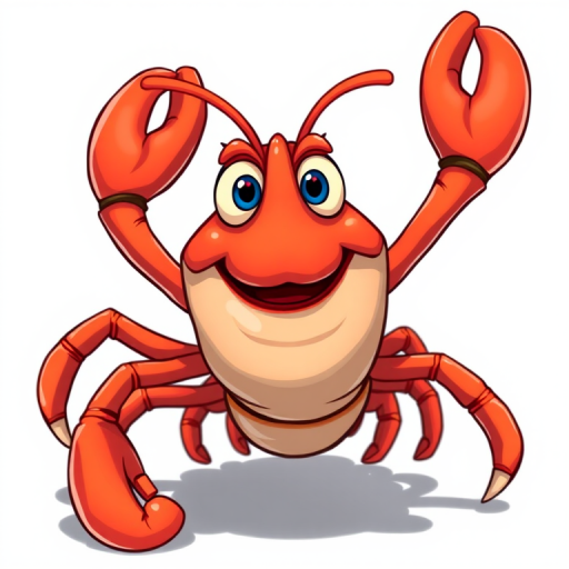 Create a detailed illustration of a cheerful cartoon lobster with a smiling face, vibrant colors, and exaggerated features, captured in high-resolution with a DSLR camera at f/8 aperture, ISO 100, using a macro lens to enhance details, shot from a slightly elevated angle for an engaging perspective.