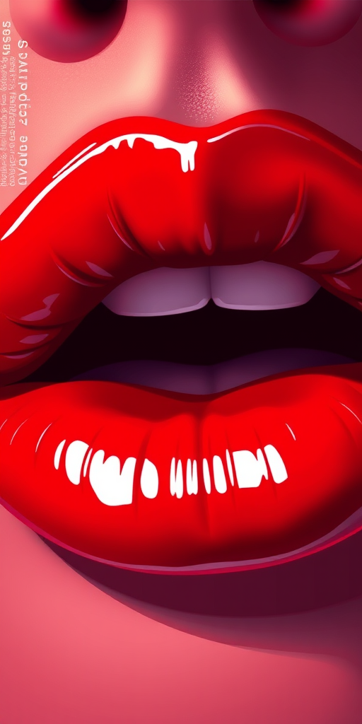 Generate a high-resolution illustration of stylized red lips with glossy highlights, using a close-up view, soft focus, digital painting style, and a mirrorless camera setting of f/2.8, ISO 100, 50mm lens.