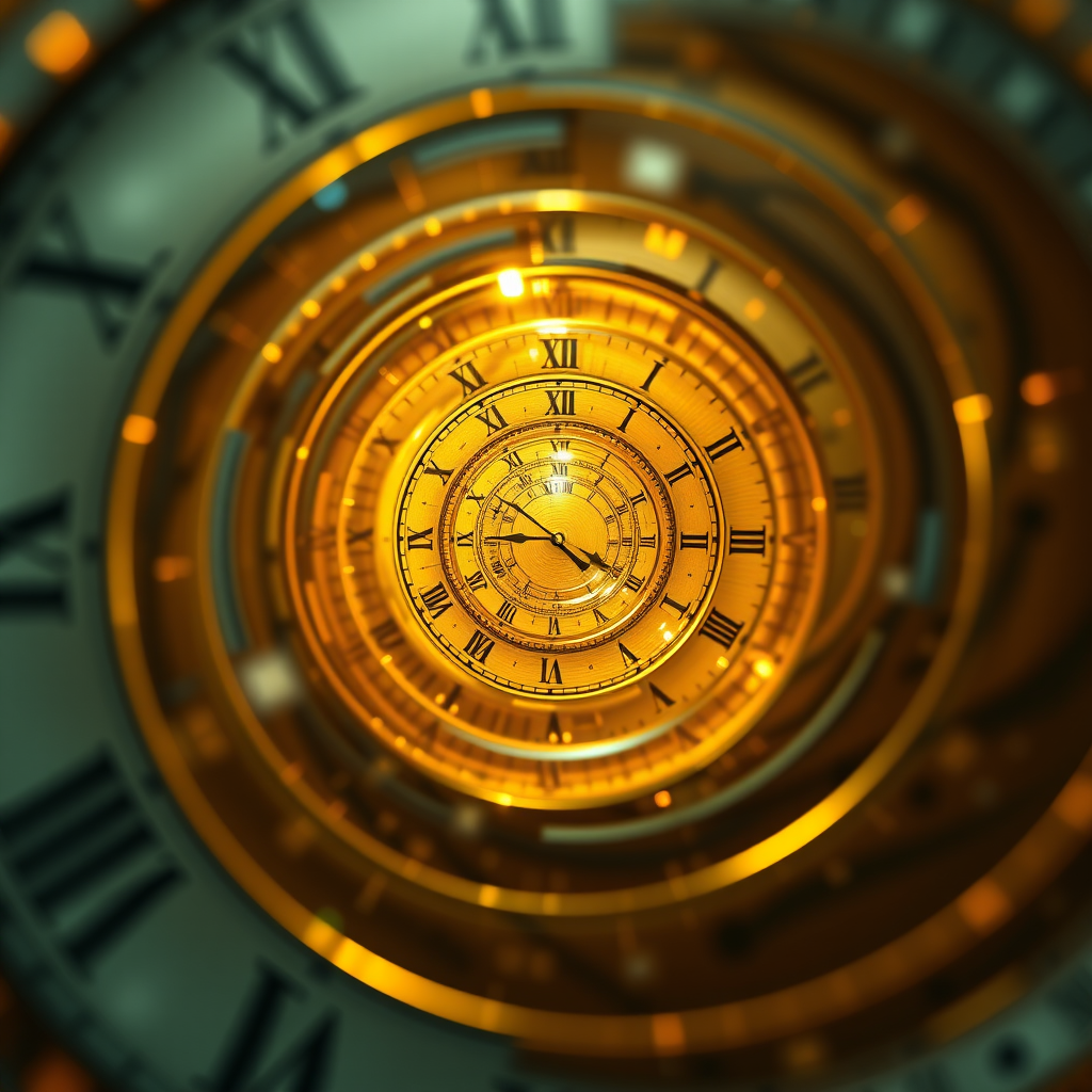 Generate an abstract image depicting a swirling golden spiral with clock faces and numerical elements, enhancing the glow and depth, captured with a DSLR camera at f/2.8 aperture, ISO 200, with a wide-angle lens and a shallow depth of field for a dynamic, immersive effect.