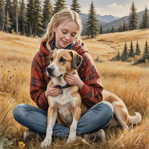 A detailed watercolor and acrylic illustration showing a heartwarming scene between a young blonde girl in pigtails and a Bearnaise Mountain dog. The girl, dressed in a rust hoodie, jeans, and a plaid scarf, gently rests her hand on the dog’s head. The dog, with black, copper, and white fur, sits beside her, tilting its head in affection. They sit on golden grass with wildflowers, against a sunny fall background. The artwork focuses on realistic textures and the tender bond between them.