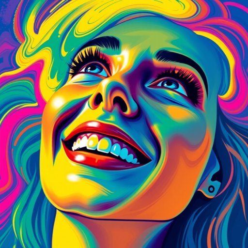 Generate a psychedelic portrait of a woman's happy face with brushstrokes of a woman smiling and looking up at the sky, emphasizing bright and bold colors. The dominant color should be deep blue, with swirling patterns of yellow, green, pink, purple and orange. open blue eyes with long eyelashes, apply an orange-yellow eyeshadow for a mesmerizing effect.