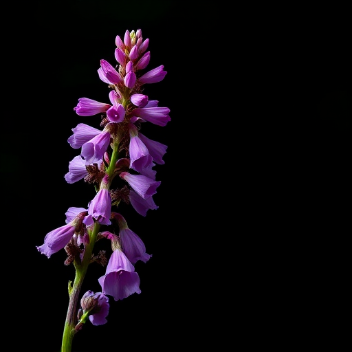 Create a high-resolution image of a tall purple flower with bell-shaped petals, captured with a macro lens, aperture set to f/2.8, ISO 100, shutter speed 1/200 sec, against a black background for dramatic contrast, using a digital DSLR camera.