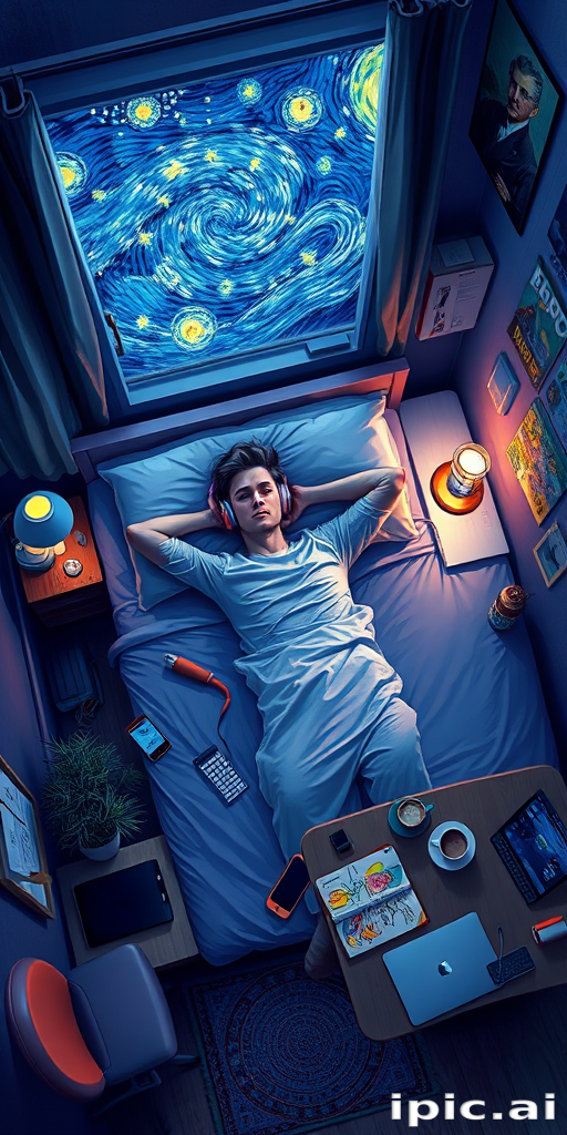 A top-down Van Gogh-style painting of a young man lying on his bed, listening to music with headphones. The room is softly lit with deep blues and purples, creating a peaceful nighttime atmosphere. The bed has a soft pillow, and the man's arms are resting behind his head. Around the bed, various glowing gadgets such as a smartphone, a laptop, and a small lamp are visible, casting a gentle light. The rest of the bedroom includes a desk with books, a chair, and a small rug on the floor. A window near the bed reveals a starry night sky with swirling stars, reminiscent of Van Gogh's 'Starry Night.' On the desk, there is a sketchbook with colorful drawings, a cup of coffee steaming gently, and a small potted plant. The walls have posters of famous paintings and a corkboard with pinned notes and photos. The scene is full of dynamic, swirling brushstrokes, capturing the essence of Van Gogh's unique style. The overall mood is serene and contemplative, with a touch of artistic inspiration.