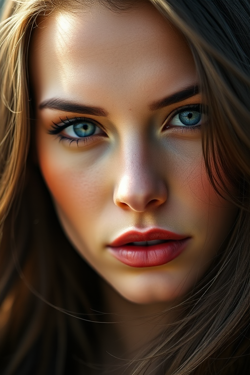 Close-up portrait of a woman with striking features and flowing hair, soft-focused background, natural lighting, 50mm lens, aperture f/1.8, ISO 200, shot with a DSLR camera.