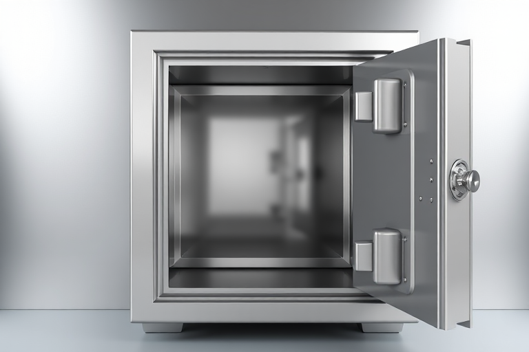 highly detailed 3D rendering of an open metallic safe with reflections and shadows, camera settings: f/8 aperture, ISO 100, shutter speed 1/60s, camera view: 30-degree angle, camera style: hyper-realistic, camera type: digital SLR