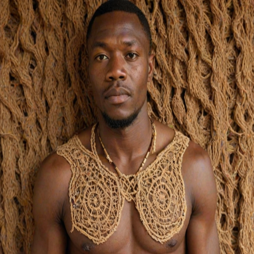 Face, shoulders, chest covered in openwork Igbo embroidery. Raw, unedited image.
