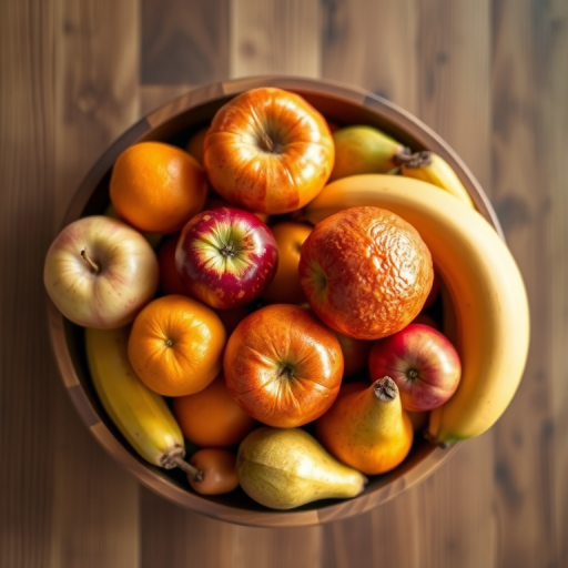 Generate a high-resolution image of a wooden bowl filled with assorted fruits including apples, oranges, bananas, and pears, shot with a Canon EOS 5D Mark IV at f/4.0, ISO 200, 1/60s, with a shallow depth of field from a top-down view, using natural light for a soft, vibrant appearance.