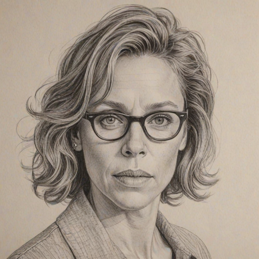 Resplendent Frances McDormand, pencil sketch, portrait of Enchanting woman 1964s in glasses, hair style beatnik, outline, clear lines, fine lines, 8k