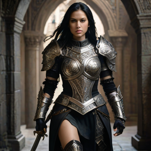 Create a photo of a fierce female warrior with long black hair, wearing an ornate, metallic armor. The armor includes a breastplate with intricate designs, shoulder guards, and gauntlets. The breastplate is decorated with a central emblem, possibly representing a mythical symbol, and has a sculpted, form-fitting design. She wears a belt with a large skull ornament at the center, and her armor extends into a partial skirt, revealing one leg. The overall look is both protective and stylish, with a dark, gothic aesthetic. The background is dimly lit, suggesting a medieval or fantasy setting, enhancing the warrior's imposing presence and intense expression.