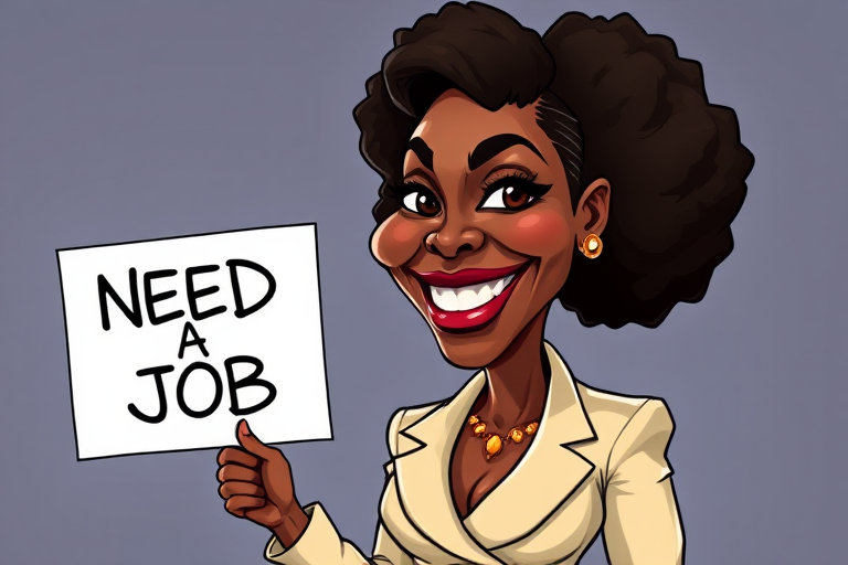 caricature of a smiling Angela Bassett in a Cream dress or suit, holding up a sign that says "NEED A JOB", no watermark,