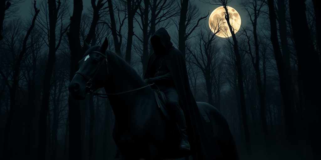 A mysterious figure in a dark cloak riding a majestic black horse through a shadowy forest under a full moon, captured with a Canon EOS 5D Mark IV, 35mm lens, f/2.8 aperture, ISO 100, long exposure, cinematic style, high contrast.