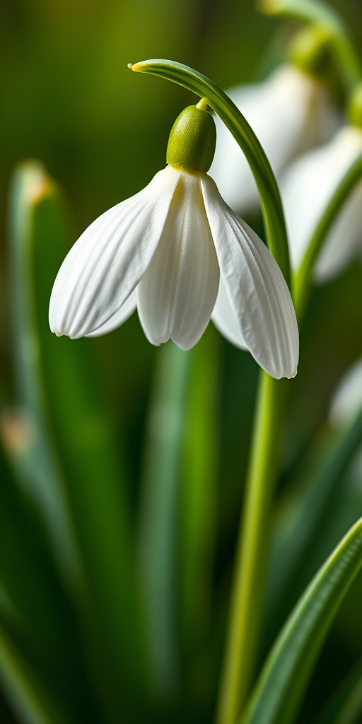Create a highly detailed botanical illustration of a snowdrop flower with a focus on its elegant drooping blossoms and slender green leaves, captured with a macro lens at f/2.8, ISO 100, 1/200s, using a DSLR camera with studio lighting for optimal clarity and vibrant colors.