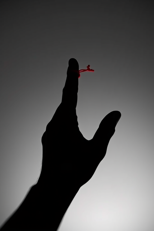 Create an artistic silhouette of a hand reaching upwards with a red string tied around one finger, captured with a Canon EOS R5, 50mm lens, f/1.8 aperture, ISO 100, soft lighting, high contrast, minimalistic background.