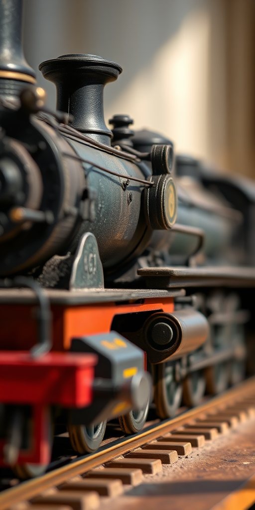 regenerate a high-resolution image of a vintage steam locomotive model with a focus on intricate details, use a DSLR camera with a 50mm lens, aperture f/2.8, ISO 100, shooting at a slightly elevated angle, soft natural lighting to enhance textures and colors, with a blurred background for depth.