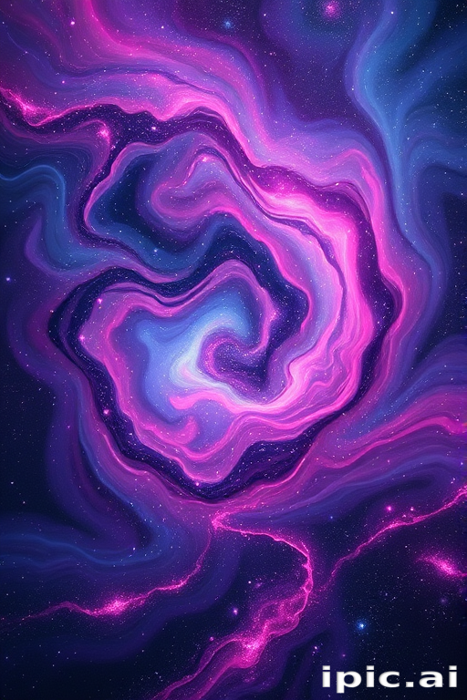 Galactic nebula swirls of deep purples, blues, and pinks blend seamlessly in a long, flowing style with glittering stardust accents, invoking the wonders of the cosmos